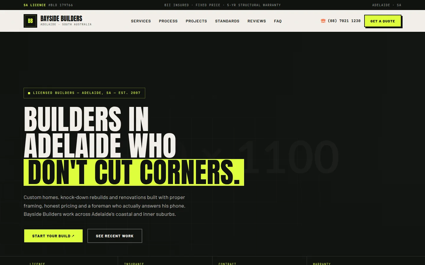 Bayside Builders homepage with bold typography and the headline Builders in Adelaide who don't cut corners