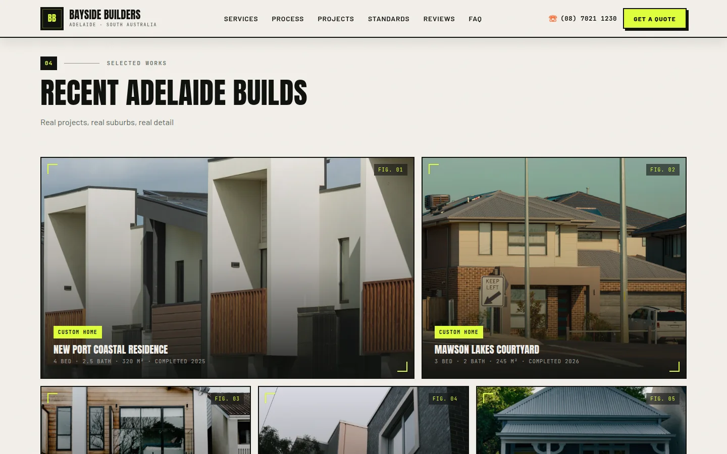 Bayside Builders Recent Adelaide Builds gallery showing completed coastal and suburban homes