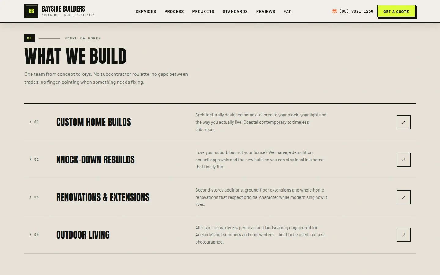Bayside Builders What We Build section listing custom homes, knock-down rebuilds, renovations and outdoor living