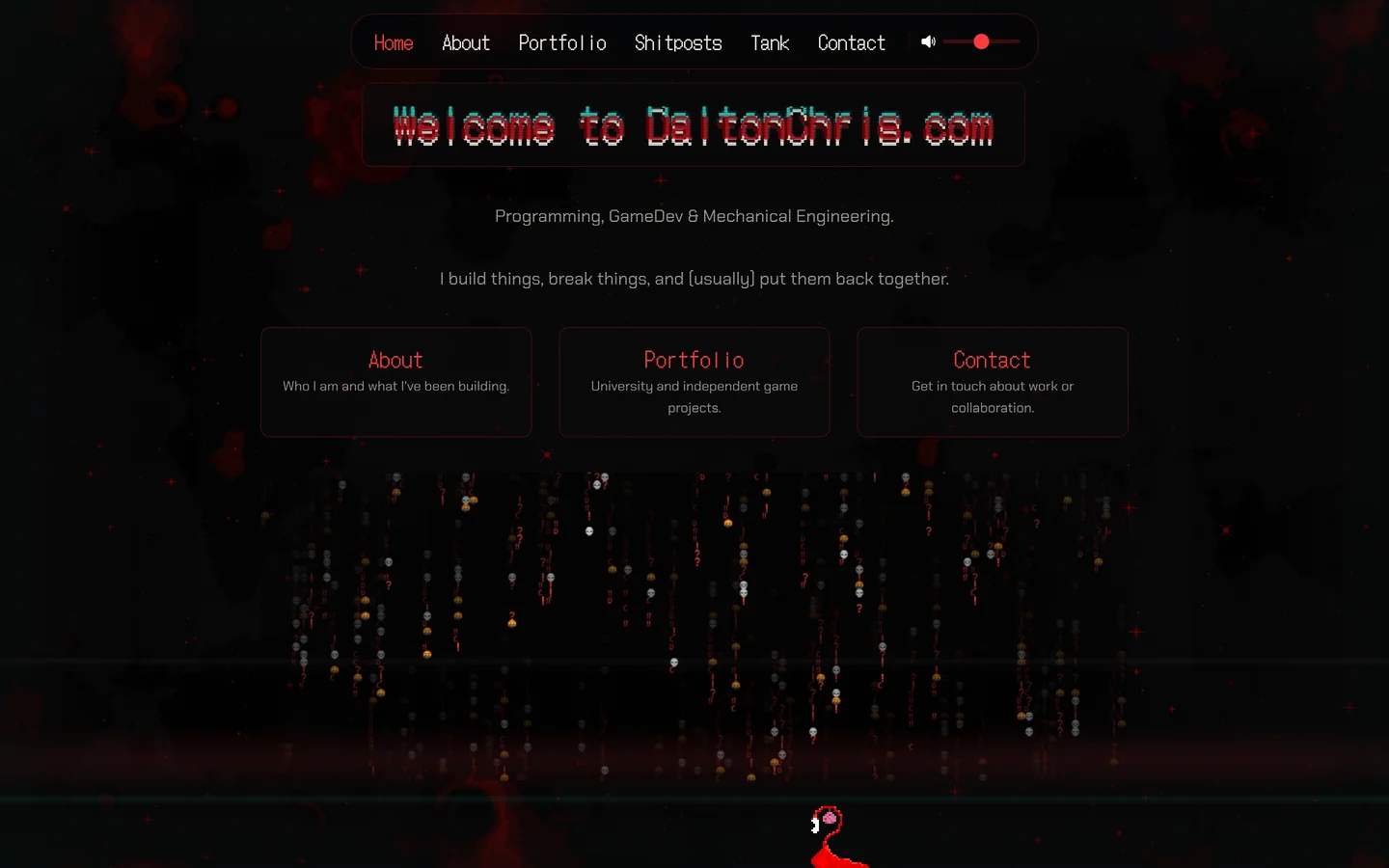 DaltonChris.com homepage with glitch typography and canvas rain effect