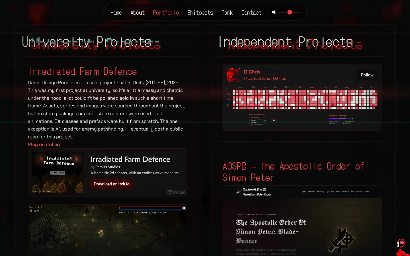 DaltonChris.com portfolio page showing university and independent projects