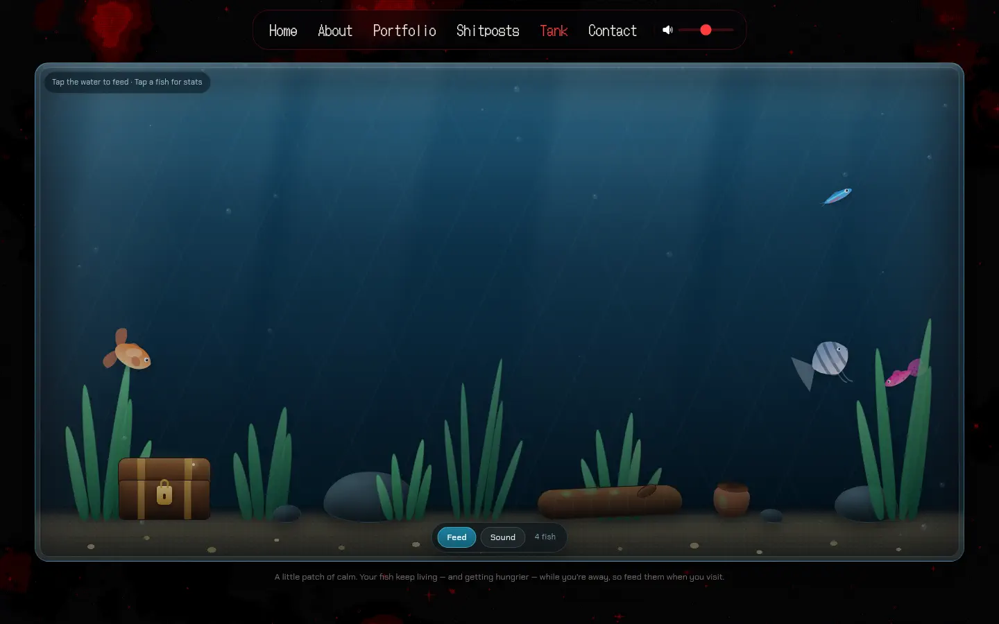 DaltonChris.com interactive fish tank with animated fish, plants and treasure chest
