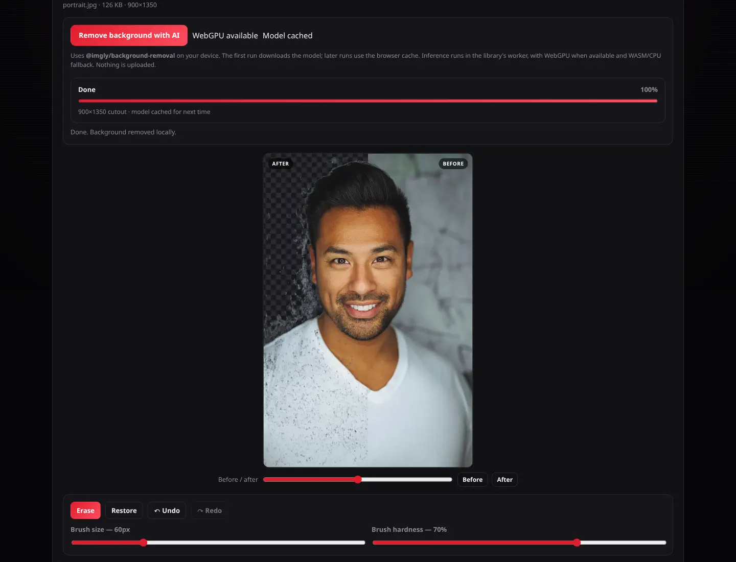 HelperCrate Background Remover splitting a portrait into before and after cutouts