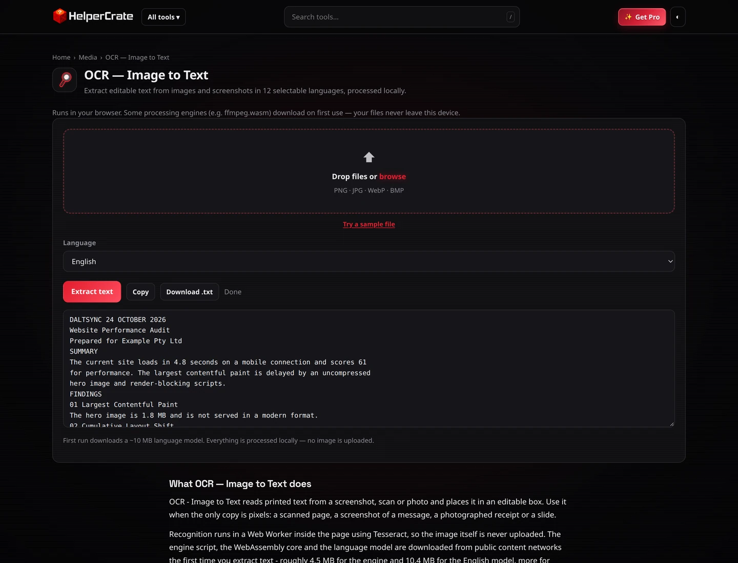 HelperCrate OCR tool extracting text from a website audit document