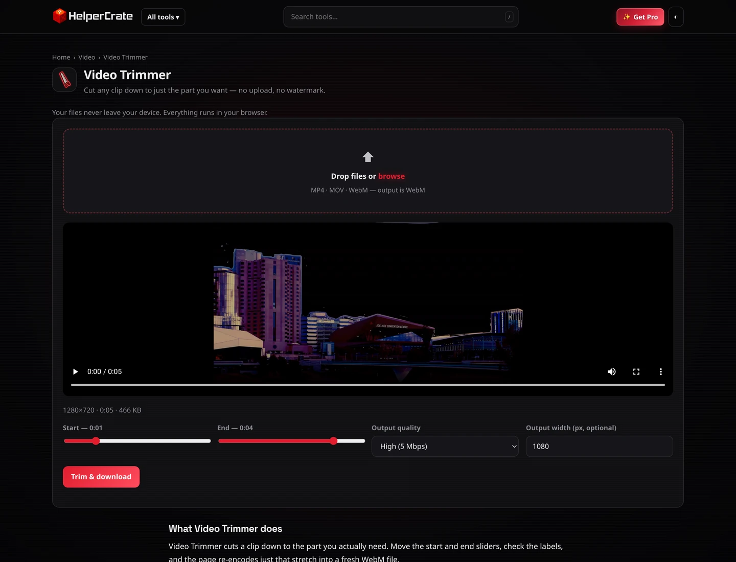 HelperCrate Video Trimmer trimming a city video with FFmpeg in the browser