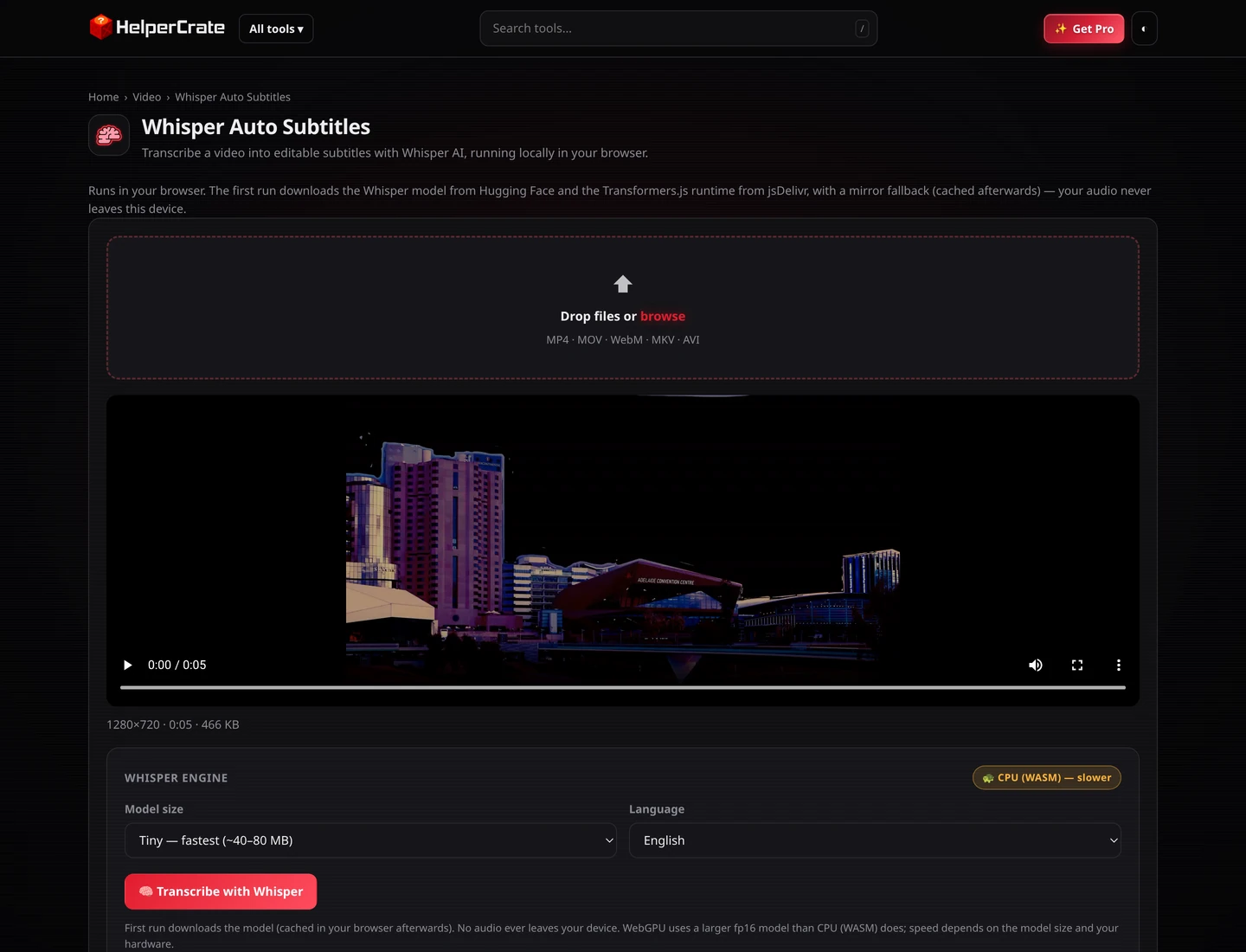 HelperCrate Whisper Auto Subtitles generating captions from a video in the browser
